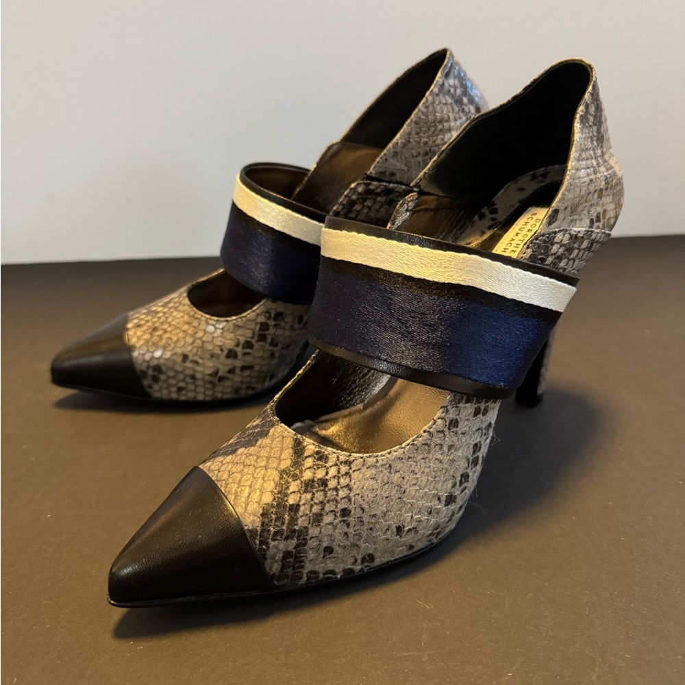Chic Snakeskin Heels with Black and Navy Straps